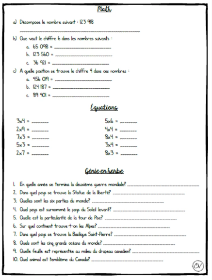 Révision - Français et mathématiques - Contrôles hebdomadaire - 3e cycle