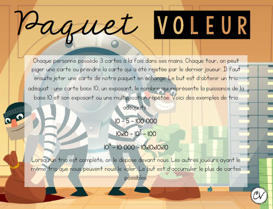 Mathématiques - atelier/jeu - Paquet voleur (exposants et base 10) - 3e cycle