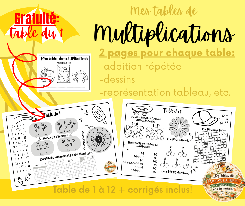 GRATUIT - cahier de multiplications - table du 1