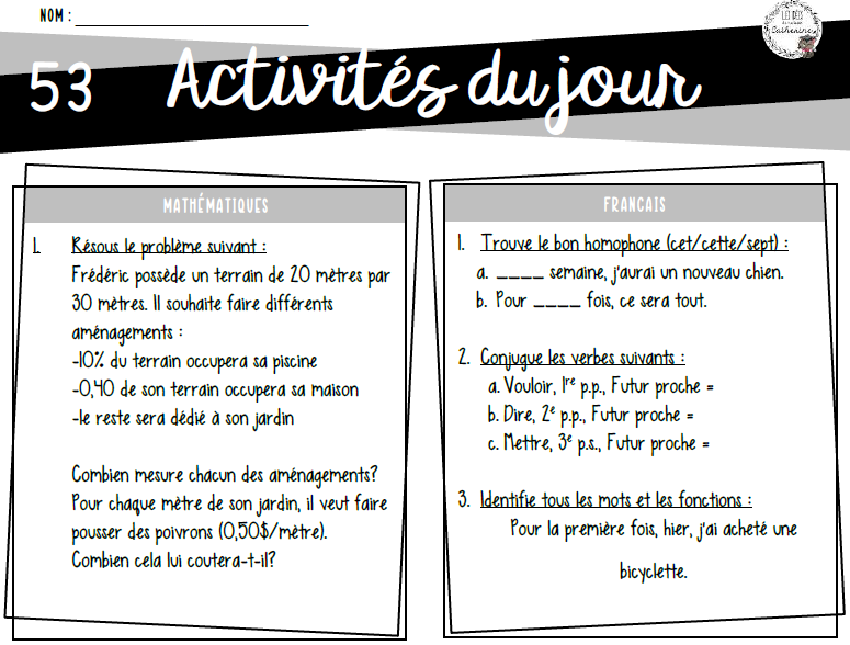 Révision - Activités du jour (65) - Français et mathématiques - 3e cycle