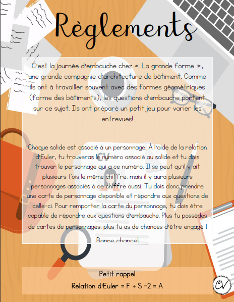 Mathématiques - atelier/jeu - Une journée d'embauche (solides, polyèdres, relation d'Euler)