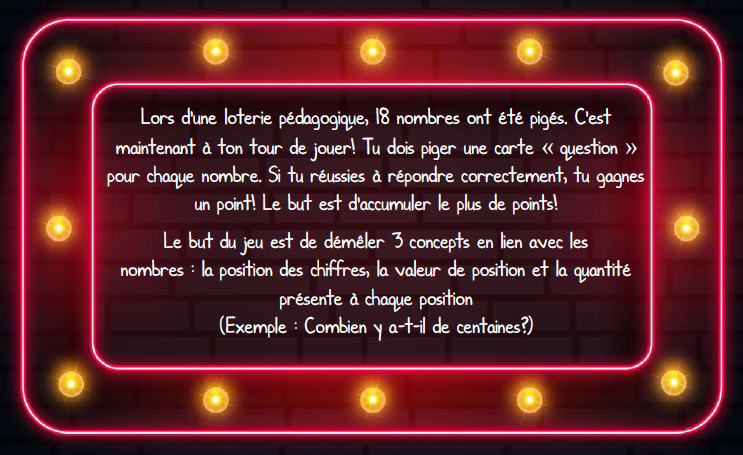 Mathématiques - atelier/jeu - Loterie pédagogique - valeur/position
