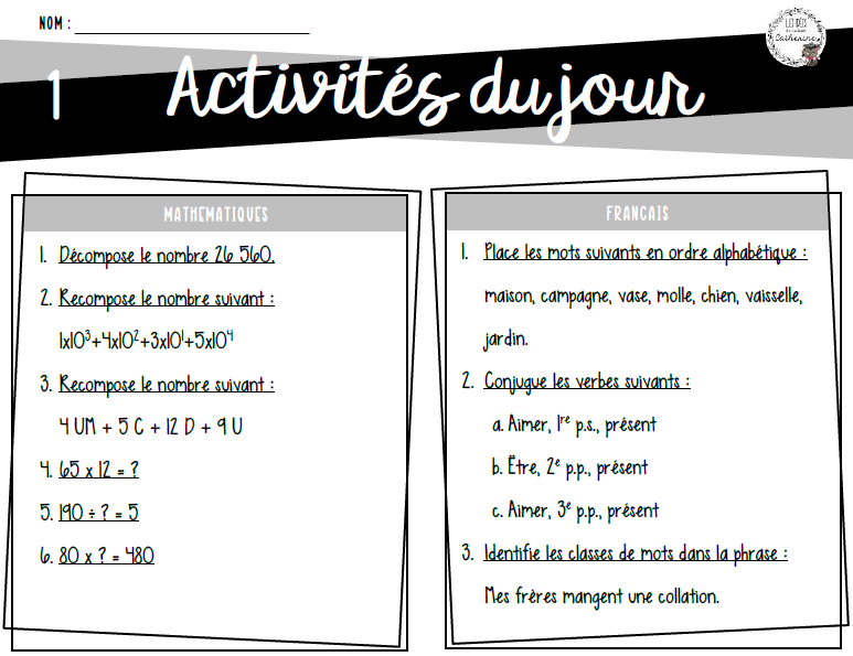 Révision - Activités du jour (65) - Français et mathématiques - 3e cycle