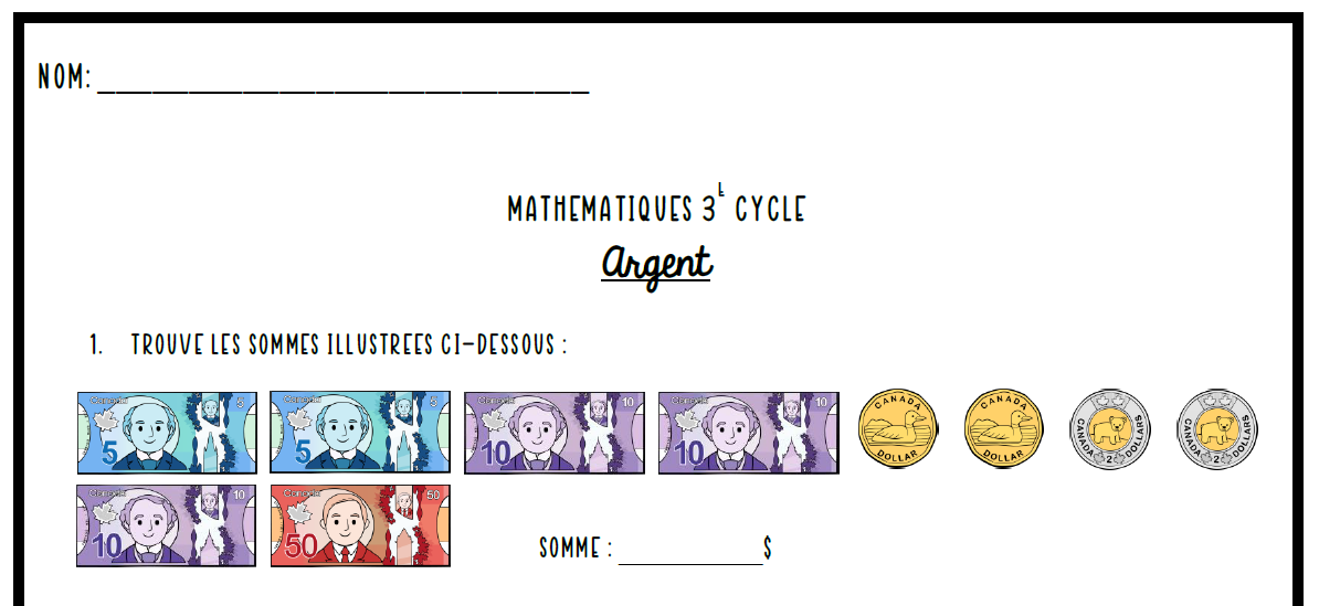 Mathématiques - Travailler l'argent - 3e cycle