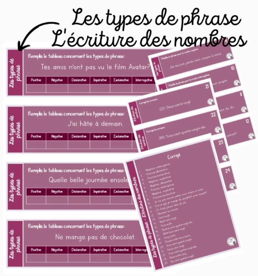 Français - Cartes à tâches - Types de phrases - Écriture des nombres