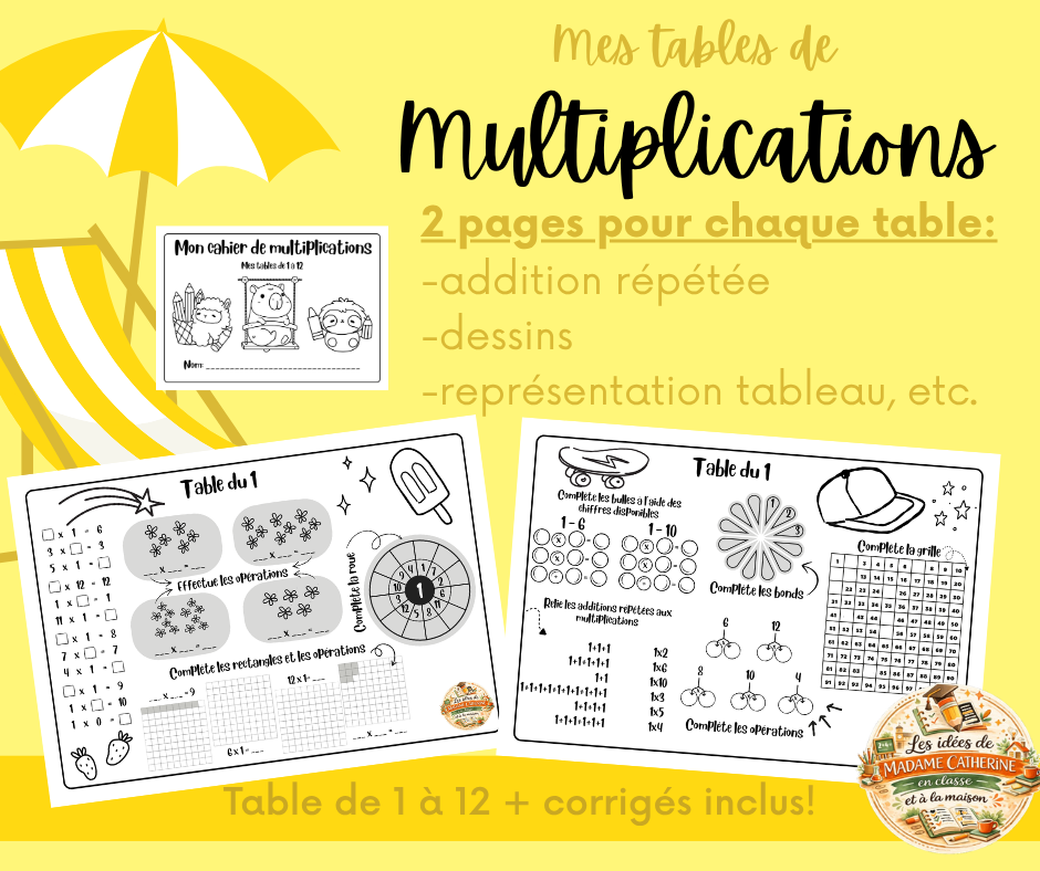 Mon cahier de tables de multiplications - 1 à 12
