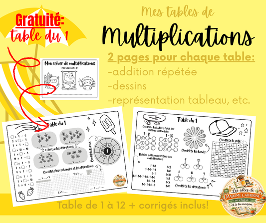 GRATUIT - cahier de multiplications - table du 1